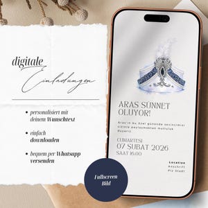 May include: A digital invitation on a smartphone screen. The invitation features a watercolor illustration of a white and blue turban with text in Turkish. The invitation includes the date, time, and location.