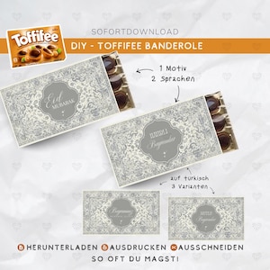 Könnte beinhalten: DIY-Toffifee-Box-Design mit grau-weiß gemusterter Außenseite. Die Box ist geöffnet und zeigt die Schokoladenbonbons im Inneren. Das Design enthält Text in mehreren Sprachen, darunter "Eid Mubarak" und "Hayirli Bayramlar".