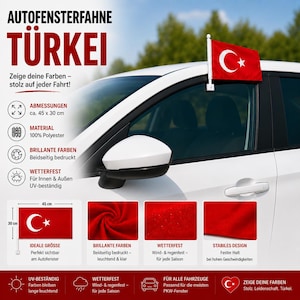 Könnte beinhalten: Eine rote Autofahne mit weißem Halbmond und Stern, dem Nationalemblem der Türkei. Die Fahne ist an einer weißen Kunststoffstange befestigt, die am Autofenster montiert ist. Der Text auf dem Bild gibt Maße von 45 x 30 cm und 100% Polyester an.