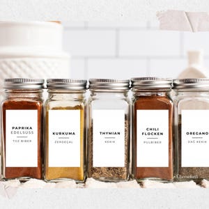 60 tvåspråkiga ört- och kryddetiketter | Turkiska - Tyska | avtorkningsbara | minimalistiska | rektangulära | fyrkantiga | runda