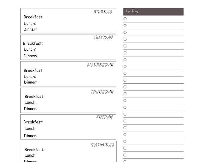 Printable digital  PDF Meal Planner Template