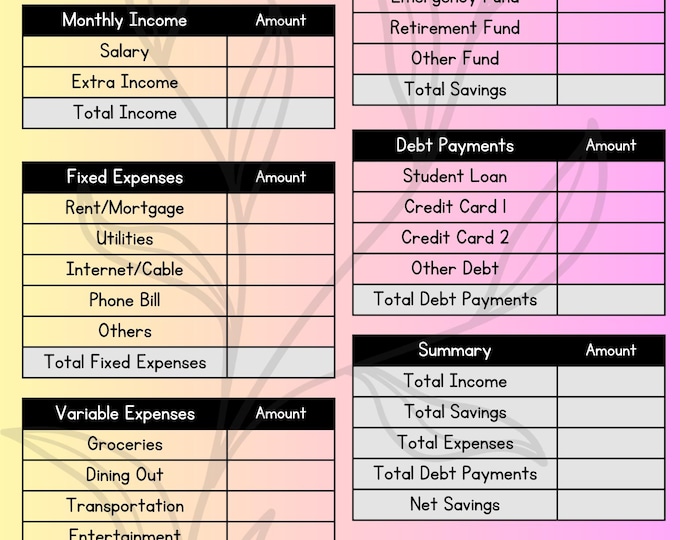 Printable Budget Planner Blank PDF US Letter A4 size