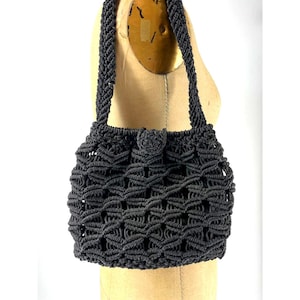 Vintage Black Macrame Boho Single Handle Handbag Purse Toggle Closure