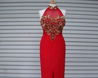 Vintage 70s / Red and Gold / Silk / Sequin and Beaded / Open Back / Elegant / Ball / Party Gown / SMALL