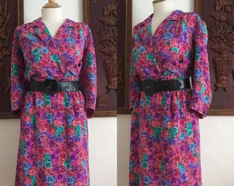 Vintage 80s Pink Floral Print  Puffed Sleeve Secretary Day Dress Large