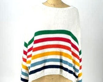 NWT Lumiere White Multi-Color Stripe Dolman Sleeve Cotton Knit Sweater Large L