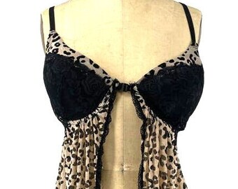 Elegance Leopard Print Black Lace Babydoll Open Front Nightie Top 1X