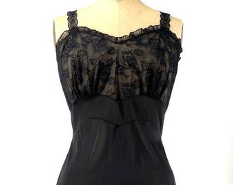 Colura Black Sheer Lace Vintage Midi Slip Dress 36