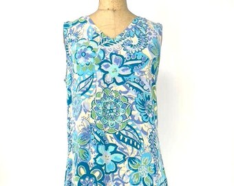 D & Co Blue Floral Soft Sleeveless Vacation Sheath Maxi Dress Size Medium M