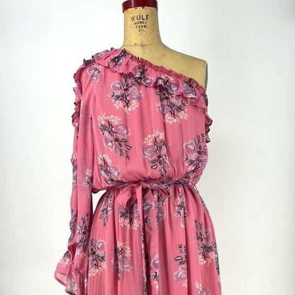 TOPSHOP One Shoulder Pink Ruffle Midi Ruffle Day Dress Size 6