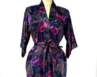 California Dynasty Vintage Nordstrom Purple Floral Print Robe Petite P Size Small S