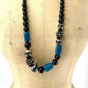 Coldwater Creek Black Graduated Bead Blue Gold Tone Rhinestones Necklace