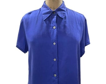 Jones and Co. Women's Casual Button Front Shirt Blue Silk Short Sleeve 16