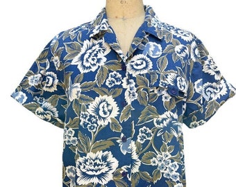 Vintage Sag Harbor Blue Tropical Hawaiian Shirt Size Petite Large