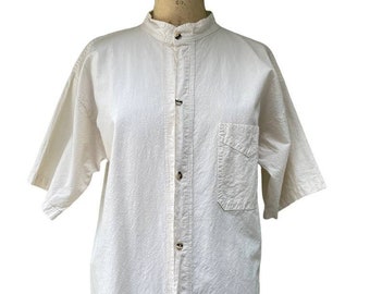 Men's Minimalist Circle Collar Shirt Cream Short Sleeve Shirt M