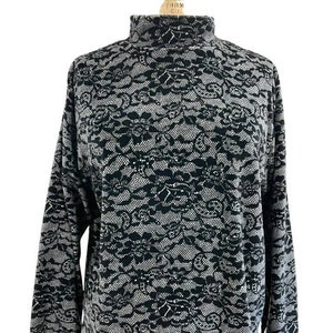 ERIKA Womens Velour Mock Neck Shirt Black Floral Lace Look Long Sleeve M