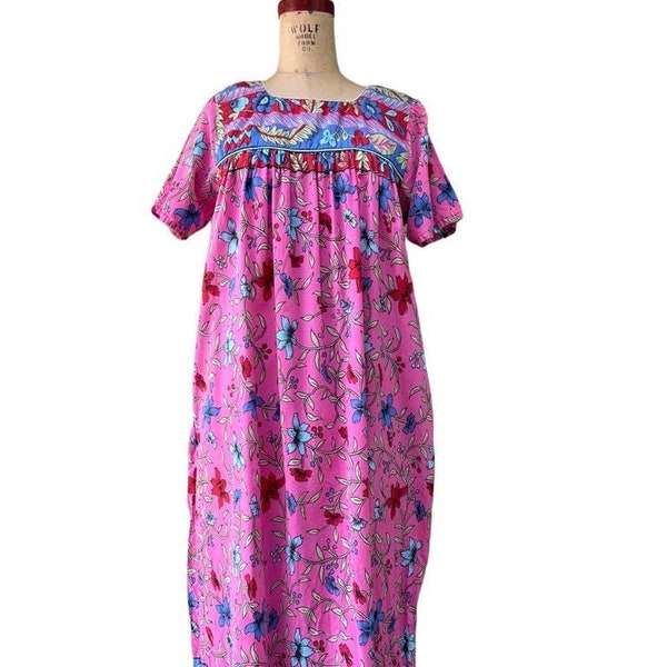 Loungees Womens Kaftan House Dress Multicolor Pink Floral Cotton M