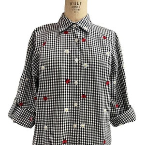 Teddi Gingham Black White Button Front Ladybug Tab Sleeve Shirt Small