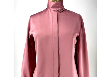 Lucia Vintage Pink Long Sleeve Button Cuff Mock Neck Button Blouse 8