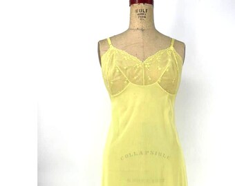 Vintage Vanity Fair 60s Canary Yellow Embroidered Slip Dress Size 34