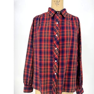 Vintage 80er Jahre Azur Knopfleiste Bluse Rot Kariert Langarm Kragen EUR 44