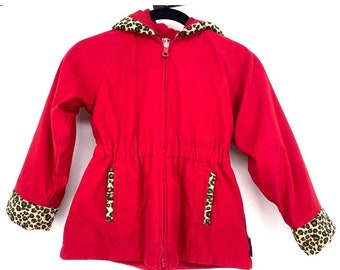 London Fog Reversible Vintage Girl's Red Fleece Leopard Trim Jacket Hooded 5T