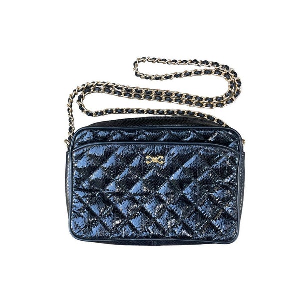 Womens Quilted Python Shoulder Bag Purse Black Patent Zip Top Chain Crossbody