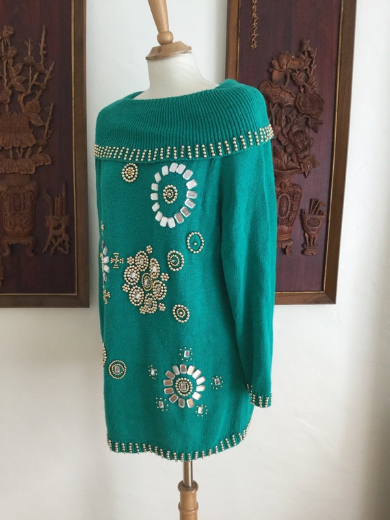 Vintage 80s / Green / Beaded / Jeweled / Slouchy … - image 3