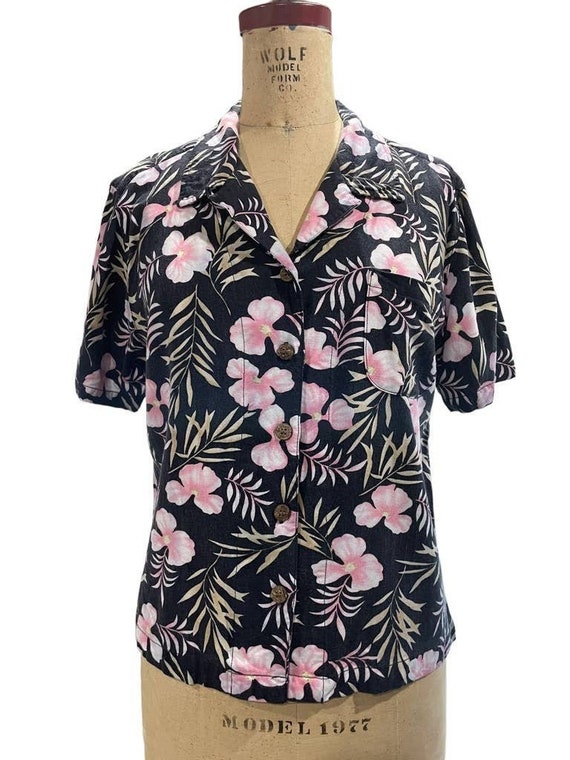 Shaver Lake Women's Hawaiian Shirt Black Pink Trop