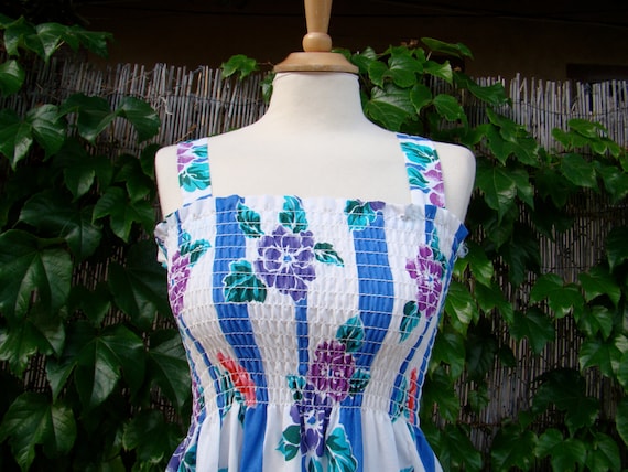 Vintage 70s / Floral Print / Striped / Sun Dress … - image 2