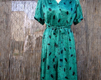 70s / Emerald Green / Puff Short Sleeve / Blondie / Secretary / Dress / Large