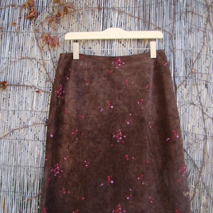 Vintage / Dark Chocolate / Suede / Floral / Embroidered / Leather / Pencil Skirt / LARGE image 1