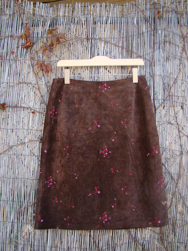 Vintage / Dark Chocolate / Suede / Floral / Embroidered / Leather / Pencil Skirt / LARGE image 1