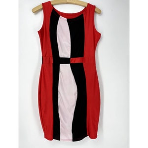 Vintage 90s Colorblock Stretchy Satin Red, Black and White Sleeveless Bodycon Dress Small