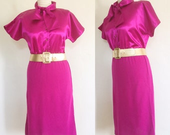 Vintage 80s Hot Pink Short Sleeve Ascot Secretary Day Dress Medium
