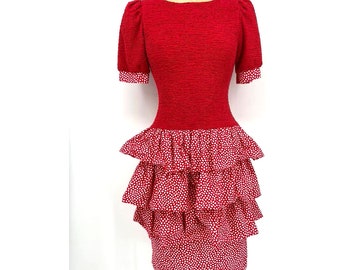VTG David Warren Deadstock Red Peplum Short Sleeve Ruffle Dress Size 4