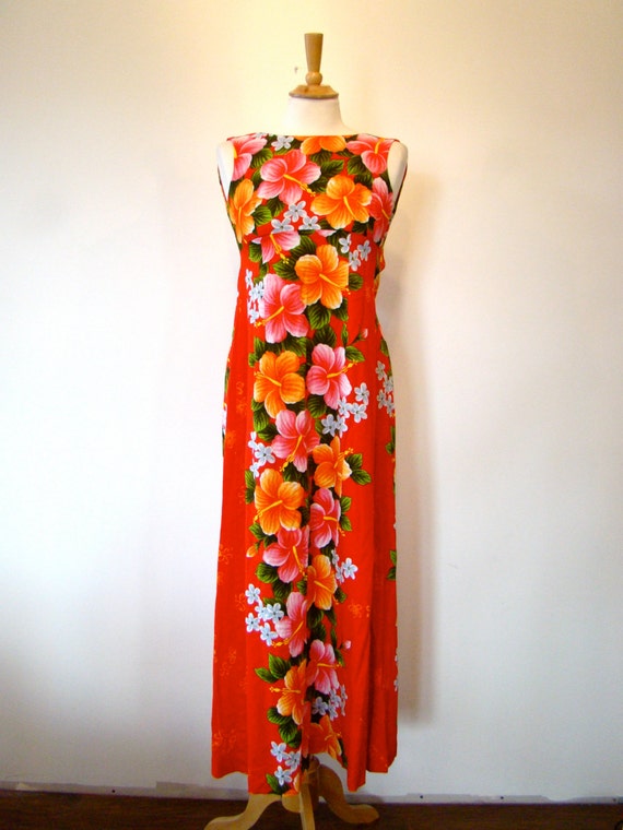 Vintage 60s / Red / Floral / Hawaiian / Lauau / D… - image 1