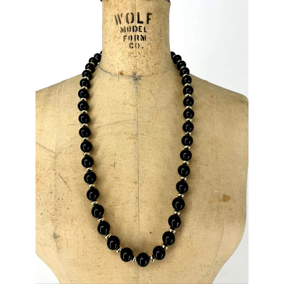 VTG 80s Long Black & Silver Beaded Necklace - Etsy