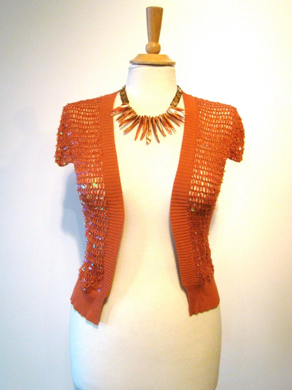 Vintage Y2K Rust Silk & Sequin Knit Caplet