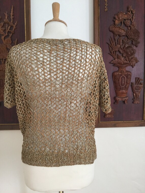 Vintage 70s Tan Knit Leather Short Sleeve Sweater… - image 4