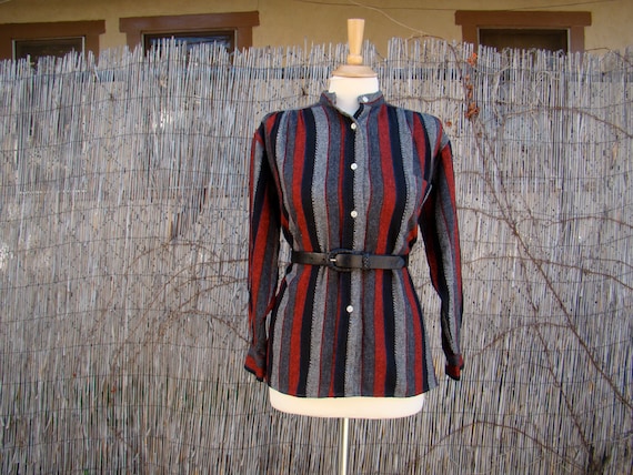 Vintage 70s / Red / Black / Grey / Striped / Wool… - image 1