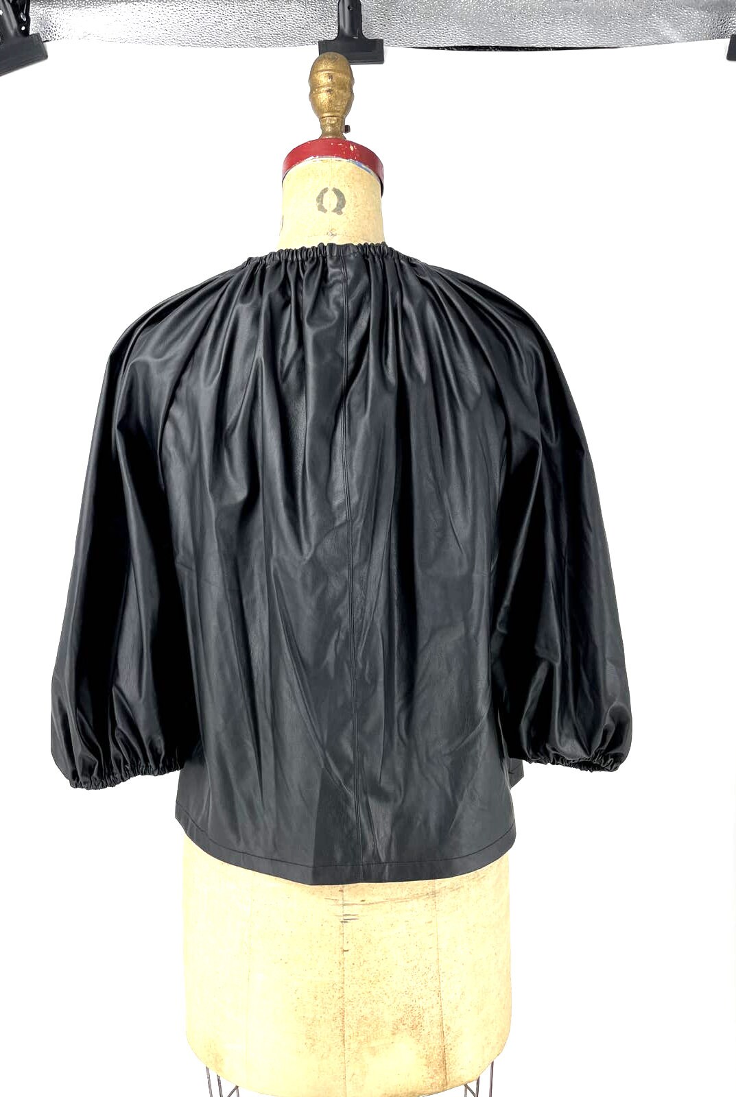 Who What Wear Jet Black Long Balloon Sleeve Faux Leather Top