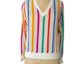 Kenar Womens Blouse Colorful Rainbow Stripe Print Silk Long Sleeves V-Neck S