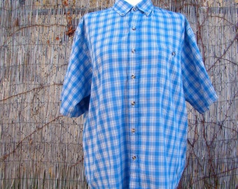 Vintage 80s / Men's / Blue Plaid / Cotton / Button Down  / Short Sleeve / Shirt / Medium