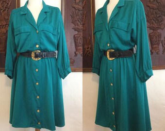 Vintage 70s / Teal Green / Button Up / Long Sleeve / Secretary Dress / Medium/Large