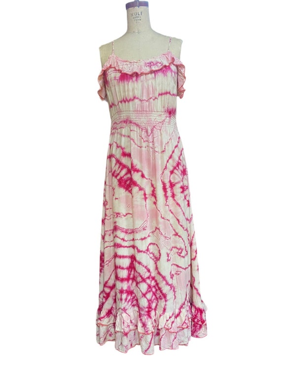 Derek Heart Womens Maxi Dress Pink White Ruffled Hem Empire Waist Tie Dye L Etsy