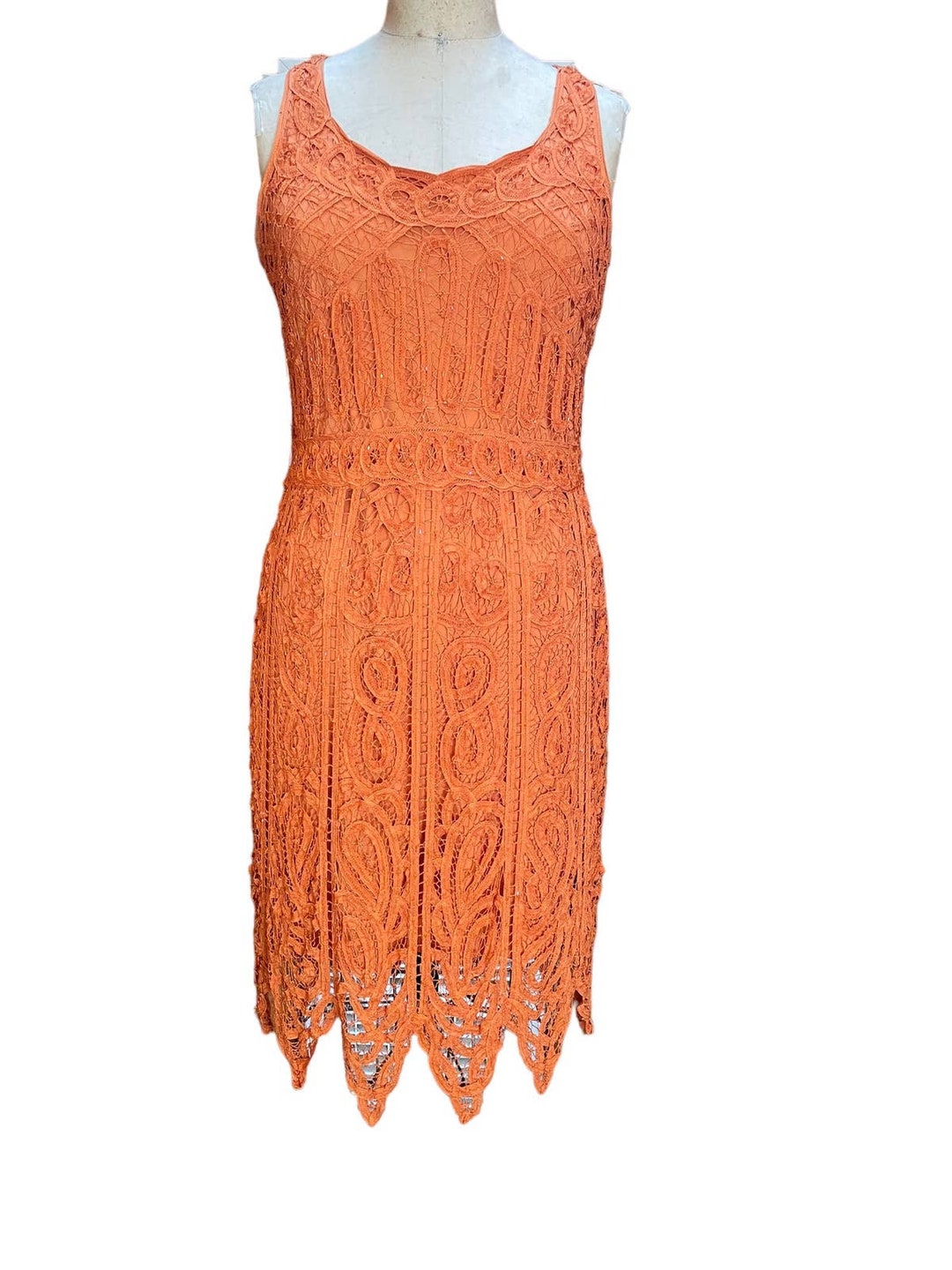 R & M Richards Womens Sheath Dress Orange Lace Overlay Sleeveless Round  Neck M 