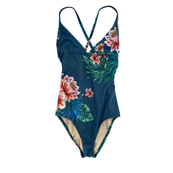 Kona Sol Women's One Piece Swimsuit Deep Teal Floral Crossback V-neck S 