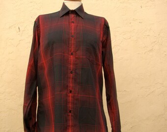 Vintage 80s / Red And Black / Men&#39;s / Plaid / Long Sleeve / Shirt / MEDIUM