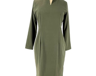 Vintage Minimalist Chanel. A 90s Olive Green Long Sleeve Dress Large